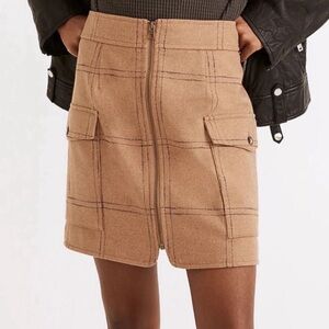 NWT Madewell Zip-Front Windowpane Mini Skirt Camel Black 00